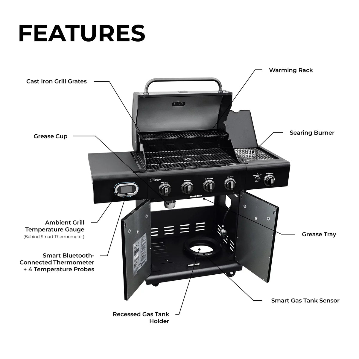 Kenmore 4-Burner Smart Gas Grill With Side Searing Burner, Black With Chrome Accents