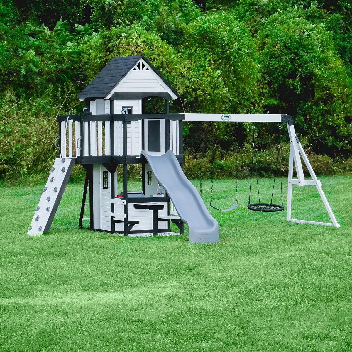 Backyard Discovery Canyon Creek Cedar Wood Swing Set With 8-Foot Wave Slide, Clubhouse And Play Kitchen