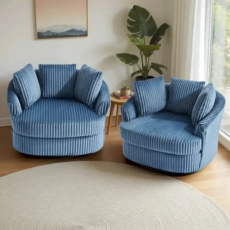 2 Oversized Corduroy Swivel Barrel Chairs, 43.2 W x 39.3 D x 31.4 H