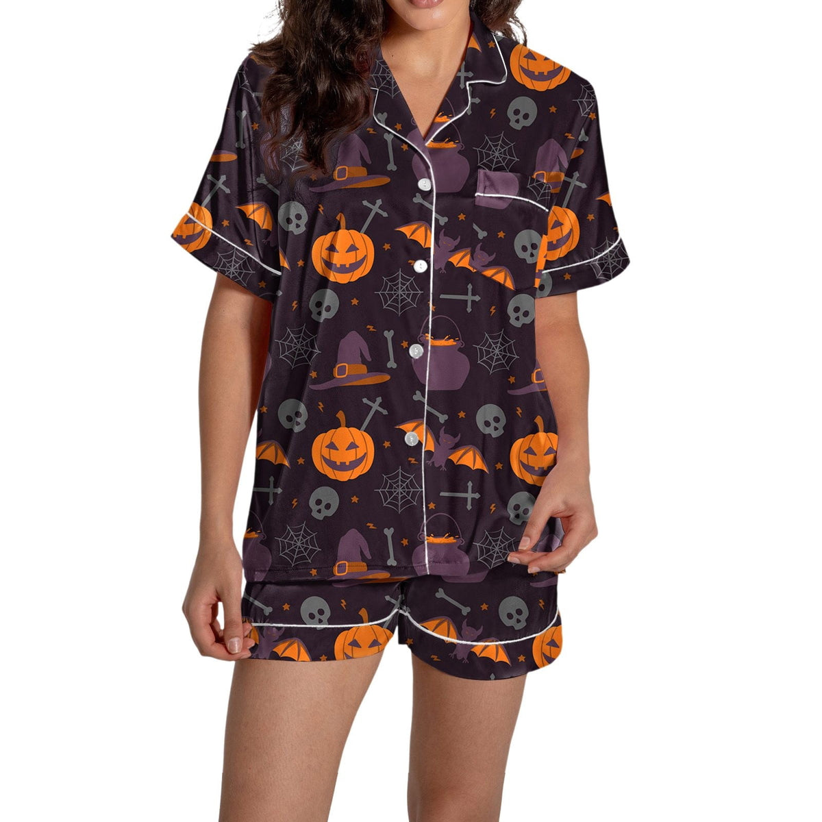 ChenYiFH Halloween Pajama Sets For Women 2 Piece Pumpkin Print Shirts And Pajamas Shorts Button Down Short Sleeve Sleepwear Black S