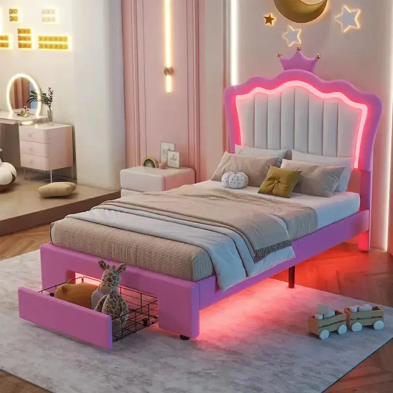 Princess-Themed Twin Upholstered Platform Bed Frame With Crown Headboard, LED Lights And Storage Drawer - Pink And White