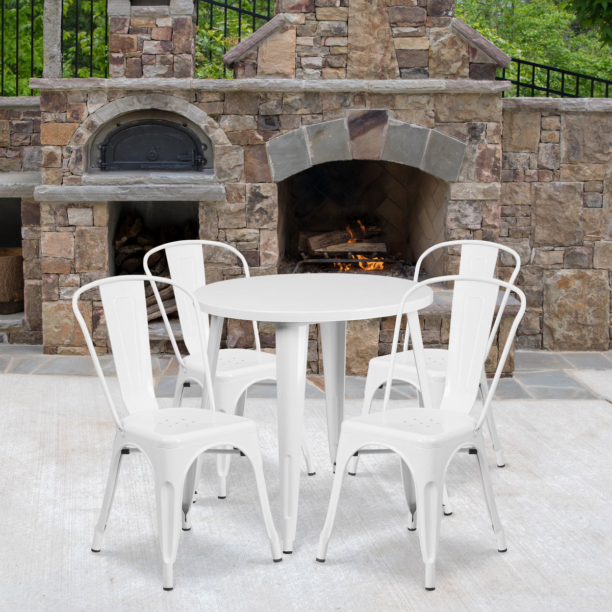 Emma + Oliver 30 in Round White Metal Indoor-Outdoor Table Set With 4 Cafe Chairs