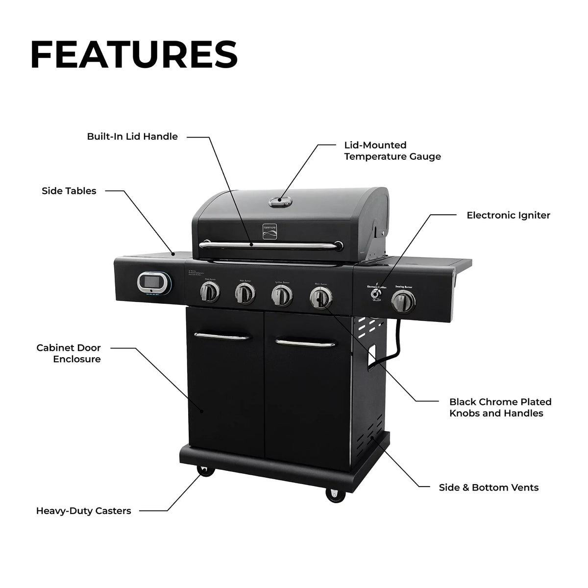 Kenmore 4-Burner Smart Gas Grill With Side Searing Burner, Black With Chrome Accents