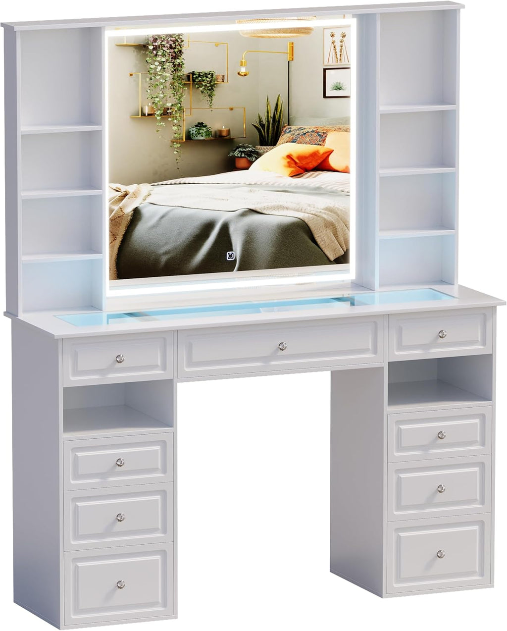 Vanity Desk With Mirror And Lights, Glass Top, 9 Drawers, White