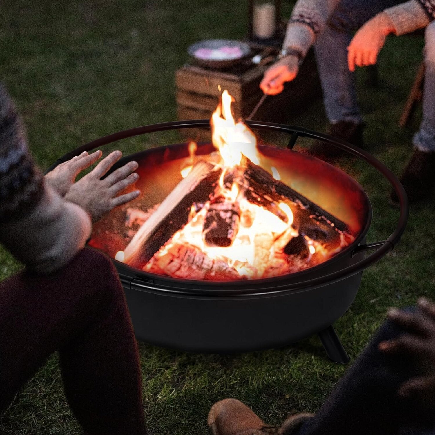 SUNCREAT 42 Inch Star Pattern Wood Burning Patio Fire Pit With Mesh Spark Screen And Poker, Black