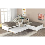 Modern White L-Shaped Twin Platform Bed With Built-In Trundle And Storage Drawers