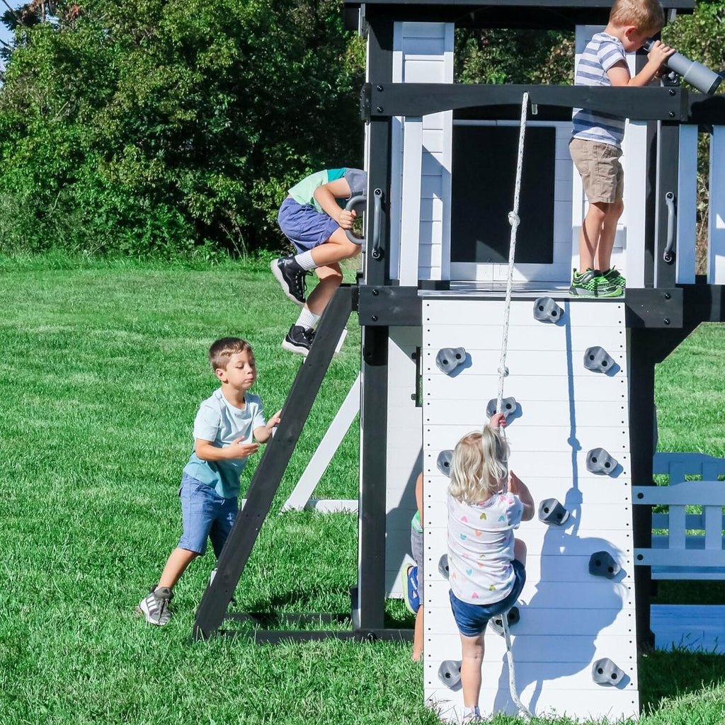 Backyard Discovery Canyon Creek Cedar Wood Swing Set With 8-Foot Wave Slide, Clubhouse And Play Kitchen