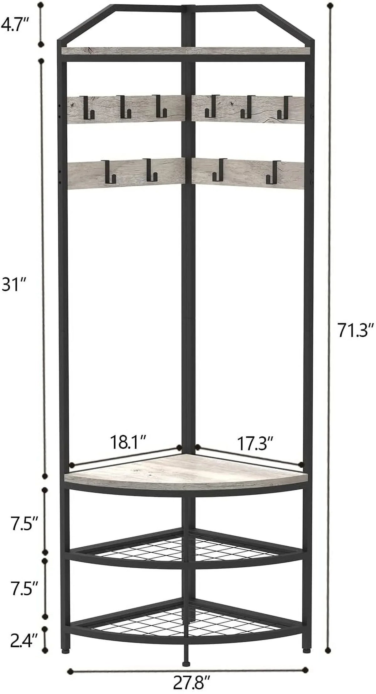 SQRTYVG Corner Hall Tree With Shoe Bench, 10 Movable Metal Hooks, Black - 71.3x18.1x18.1in