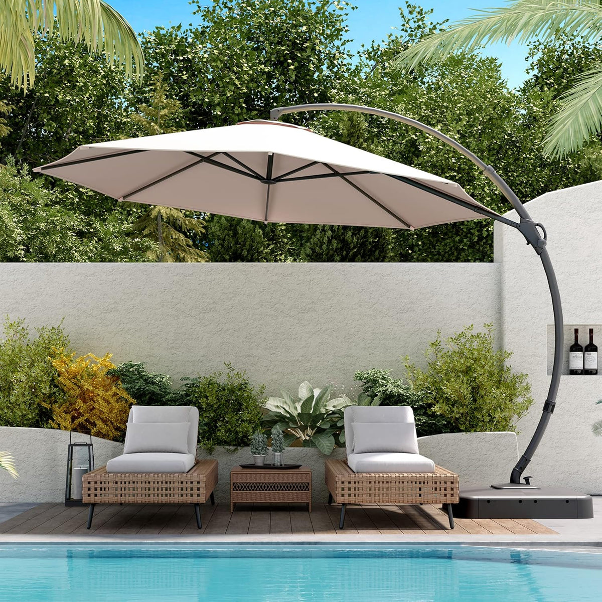 LAUSAINT HOME 11 FT Beige Curvy Cantilever Patio Umbrella With Base