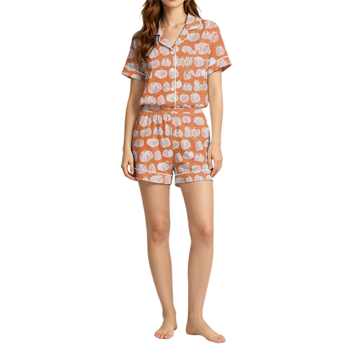 MEZZALL Women Halloween Printed Pajama With Lapel Collar Short Sleeve Tops And Shorts For Home Wear Cozy For Lightweight And Breathable Comfort Relaxed Fit 2 Piece Pjs
