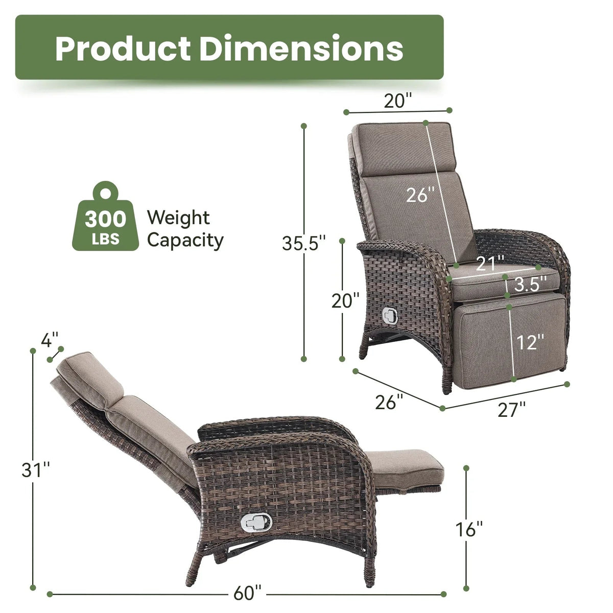 OPOHORO Outdoor Recliner Chair With Cushion, Beige, 1-Pc