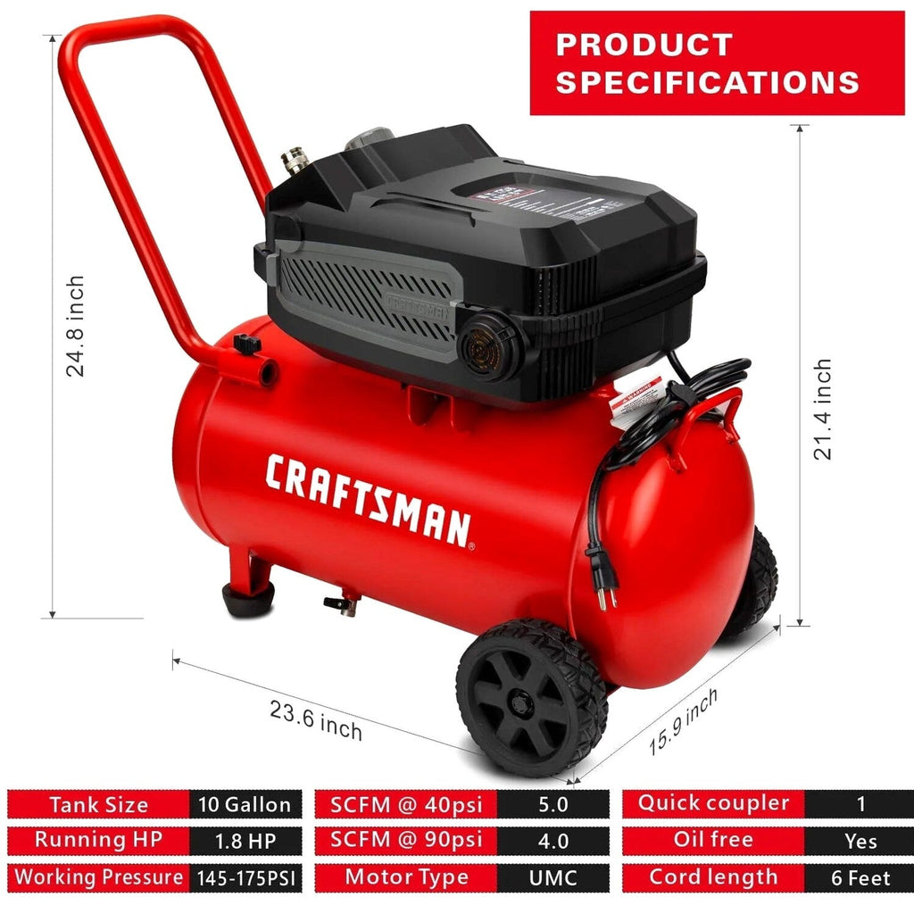 CRAFTSMAN Oil-Free Portable Air Compressor, 10 Gallon 1.8 HP 175 PSI 4.0 CFM@90PSI - CMXECXA0201041