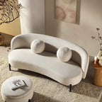 Beige Linen-Blend Curved 3-Seater Sofa With Ball Cushions, W 81.9 x D 37 x H 30.7 in - A120