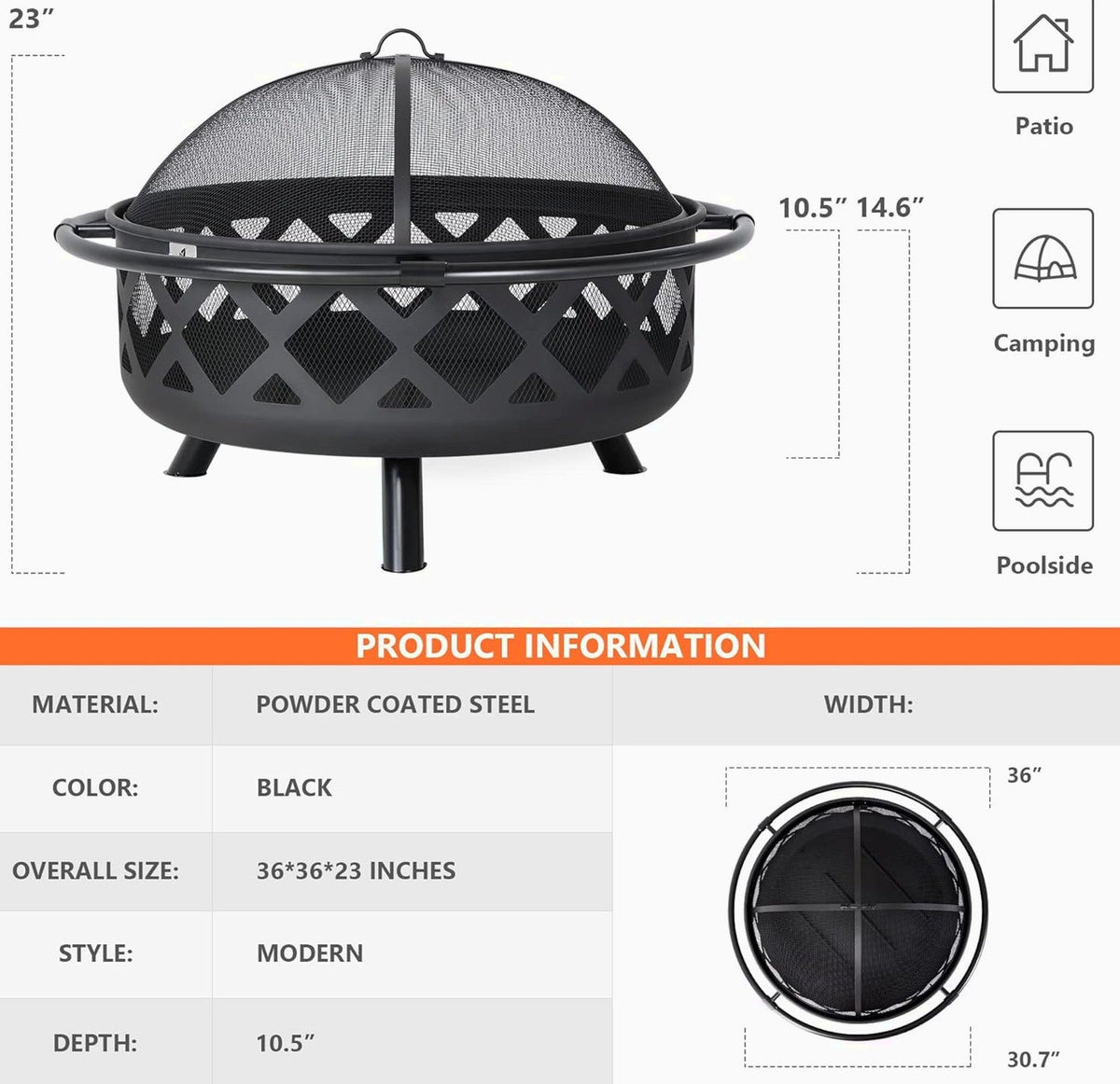 SUNCREAT 42 Inch Star Pattern Wood Burning Patio Fire Pit With Mesh Spark Screen And Poker, Black