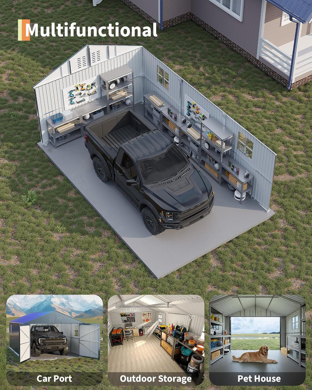 GarveeLife Enclosed Metal Carport 12x20 FT, Gray - Reinforced Frame And Steel Roof