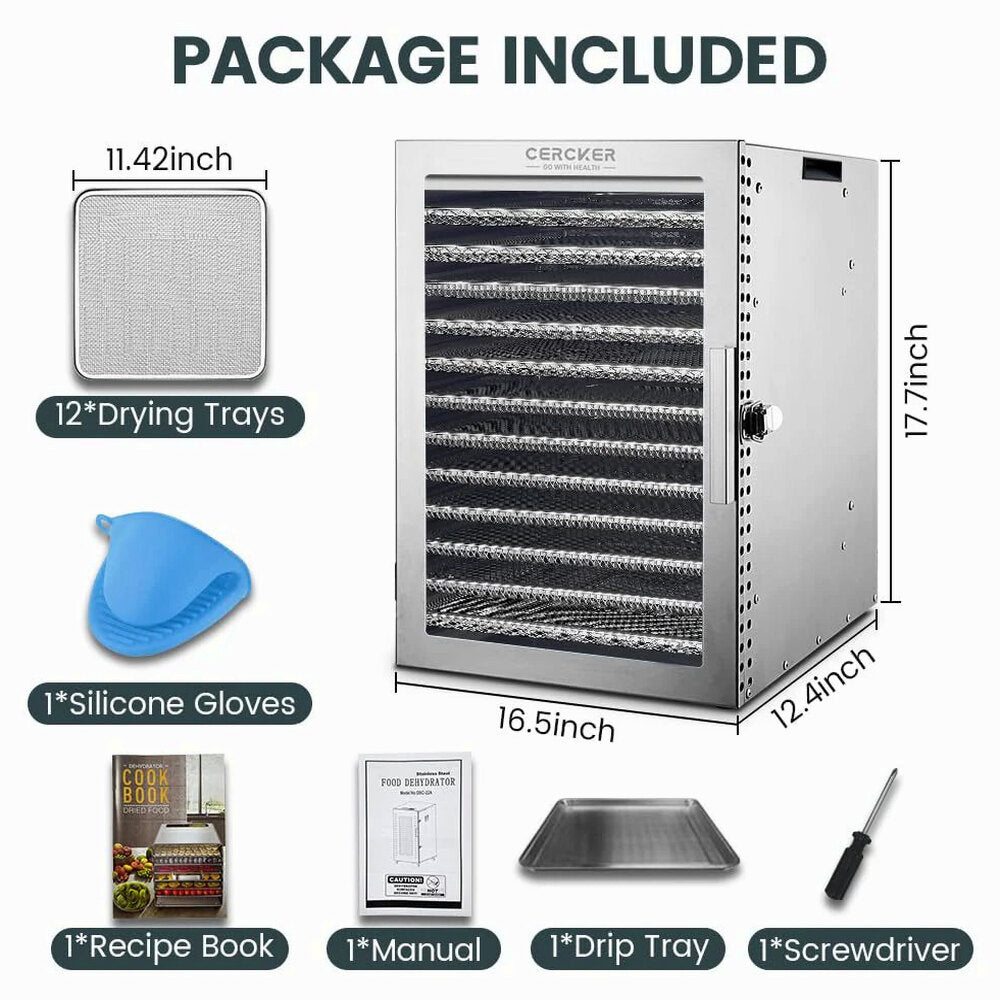 Cercker Food Dehydrator Machine With 12 Stainless Steel Trays