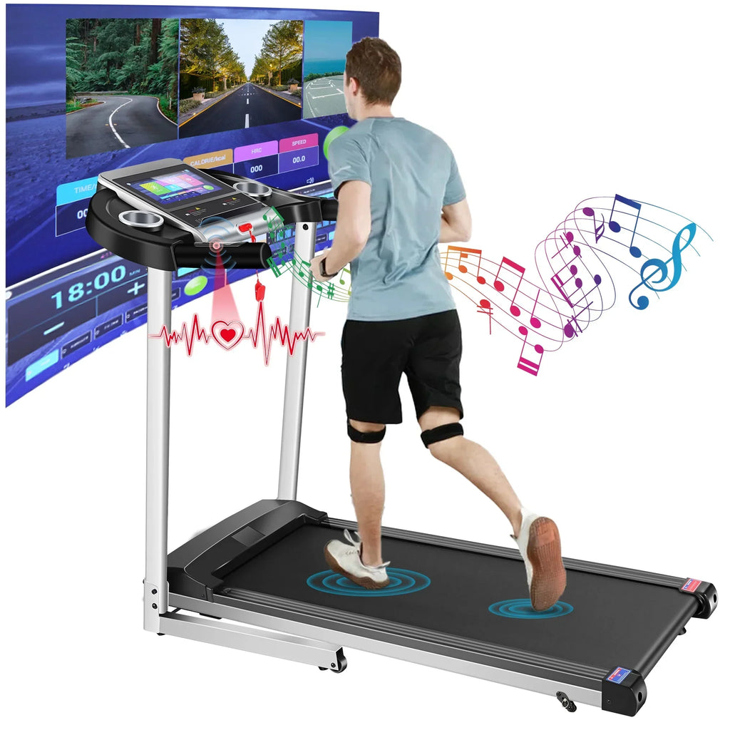 Tikmboex Folding Treadmill, 3.25HP, 10in HD TV Movie Touchscreen, Silver