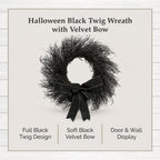 My Texas House Halloween Black Twig Wreath with Bow, 24"