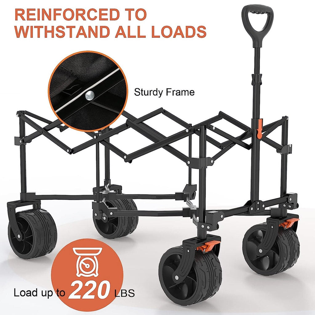 Navatiee Collapsible Folding Utility Wagon Cart With Big Wheels, Side Pocket And Brakes - T1