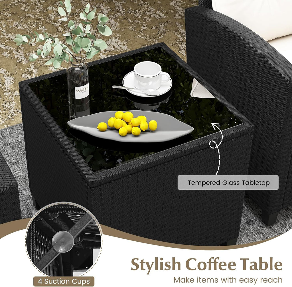 Tangkula 3-Piece Patio Rattan Conversation Set With Cushions And Glass-Topped Coffee Table