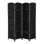 6 Ft Tall Four-Panel Wicker Weave Room Divider, Black Wood Privacy Screen