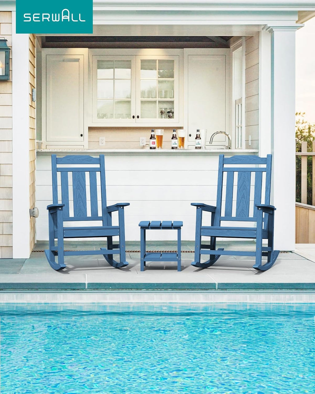 SERWALL Outdoor HDPE Oversized Rocking Chair Set Of 4, Blue, 35in D x 26.9in W x 41.3in H