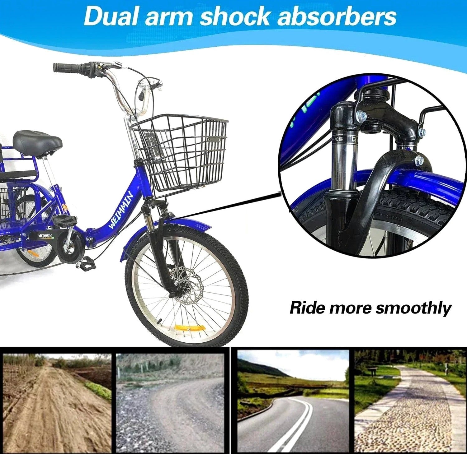 WEIMMIN Adult Folding Tricycle, 20 Inch, 3 Wheel, 7 Speed, Star Strip Blue