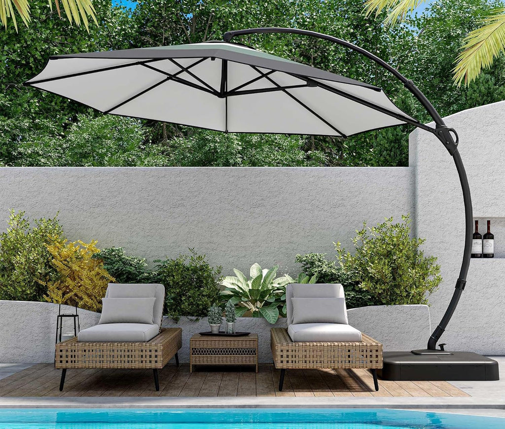 LAUSAINT HOME 11 FT Beige Curvy Cantilever Patio Umbrella With Base