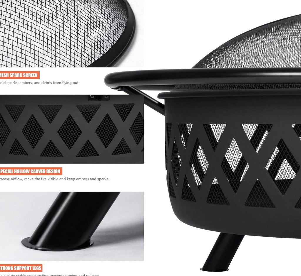 SUNCREAT 42 Inch Star Pattern Wood Burning Patio Fire Pit With Mesh Spark Screen And Poker, Black