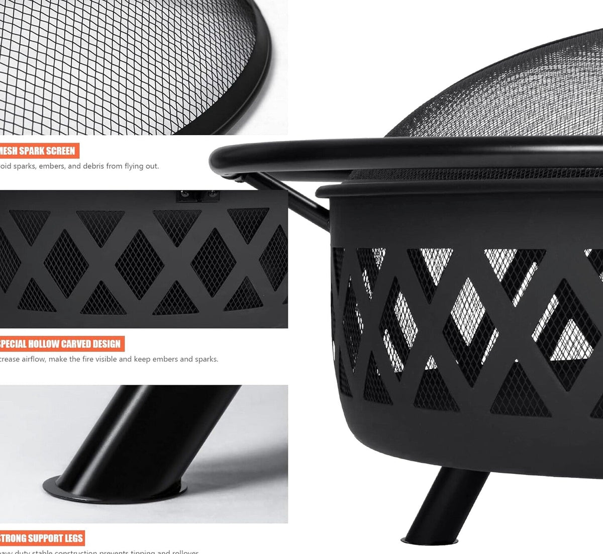 SUNCREAT 42 Inch Star Pattern Wood Burning Patio Fire Pit With Mesh Spark Screen And Poker, Black