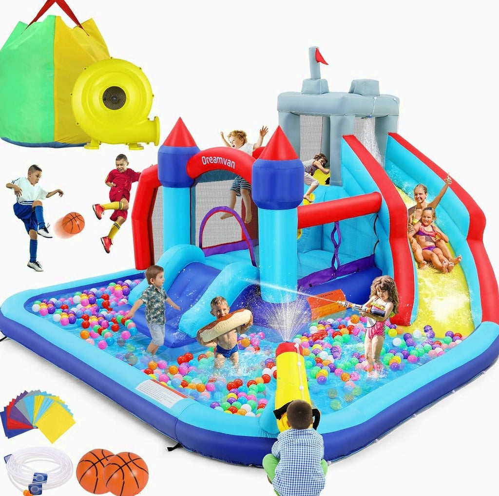 ROOJER 8-in-1 Kids Inflatable Bounce House Water Park With 450W Blower, 2 Water Cannons, Crocodile Sprinkler - B0C2HLK2R4