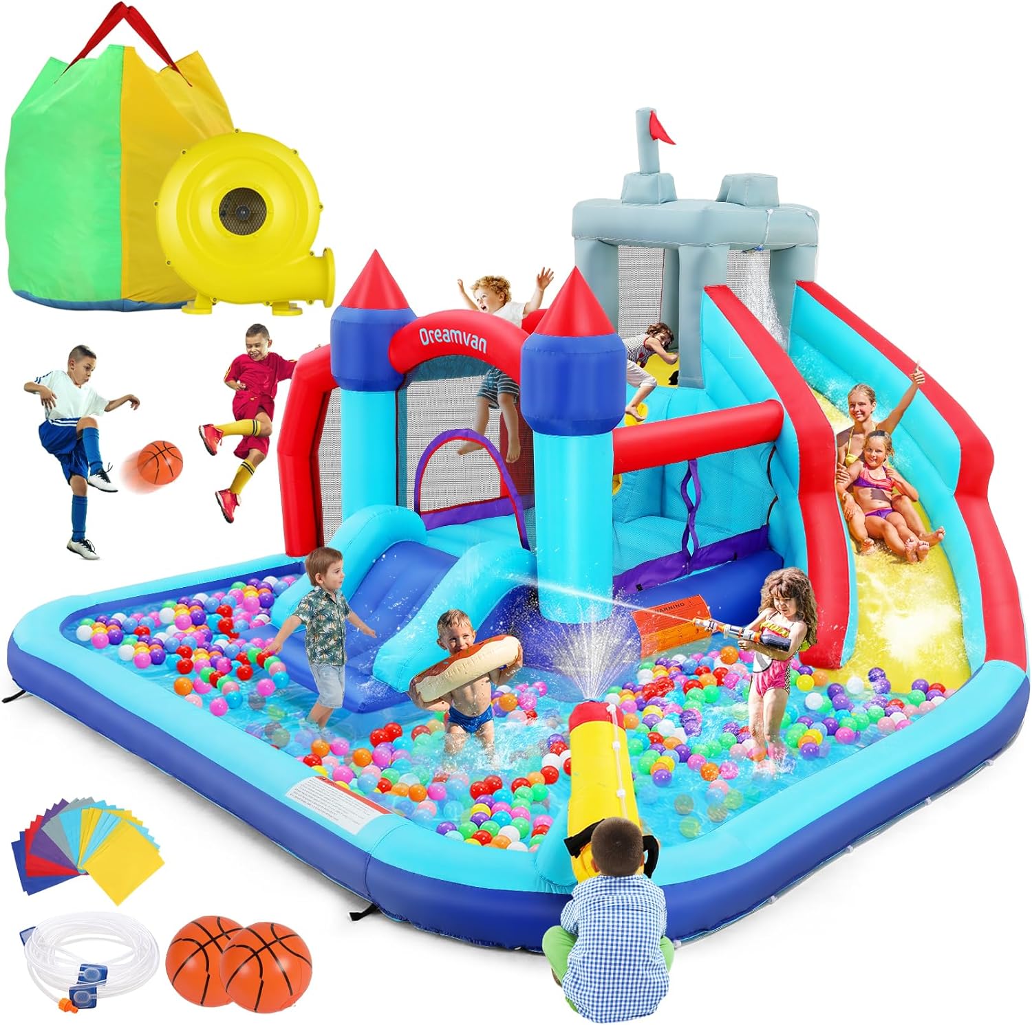 ROOJER 8-in-1 Kids Inflatable Bounce House Water Park With 450W Blower, 2 Water Cannons, Crocodile Sprinkler - B0C2HLK2R4
