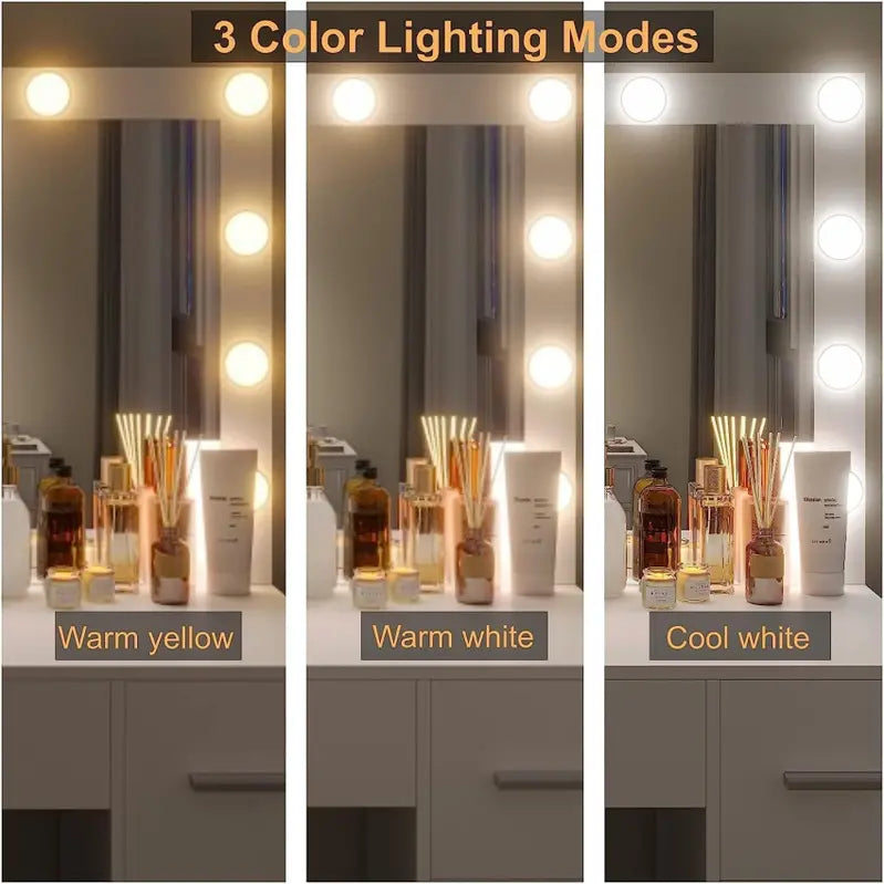 Vanity Desk Set With 11 LED Lighted Mirror, Stool, 3 Color Lighting, White, 15.7 inch, 43.3 inch, 53.1 inch