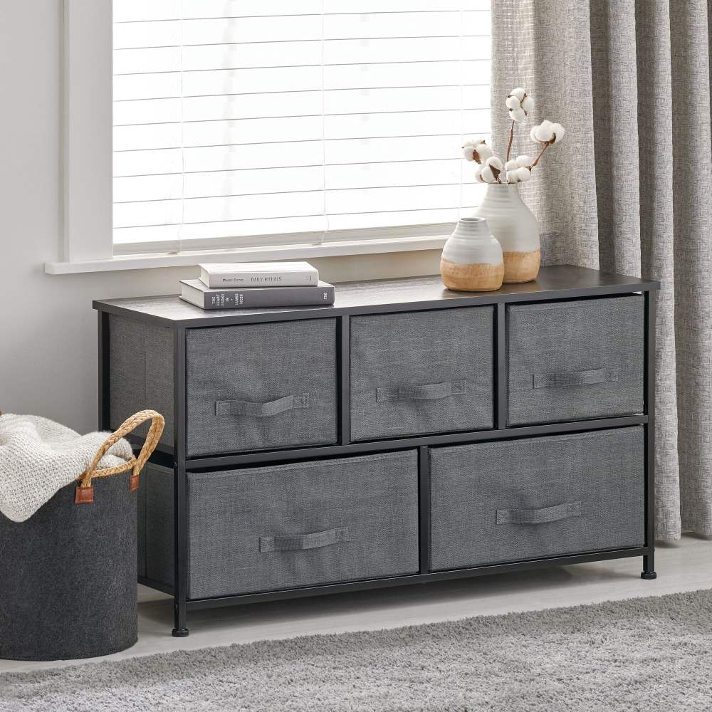mDesign Wide Storage Dresser With 5 Removable Fabric Drawers - Dark Gray