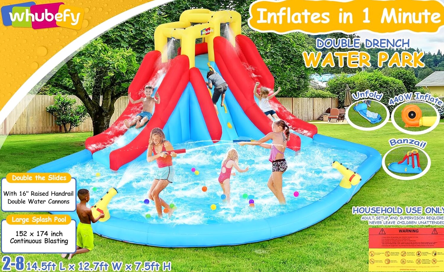 ROOJER 8-in-1 Kids Inflatable Bounce House Water Park With 450W Blower, 2 Water Cannons, Crocodile Sprinkler - B0C2HLK2R4