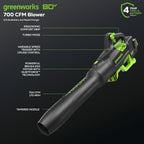 Greenworks 80V Brushless Cordless Leaf Blower, 700 CFM / 170 MPH, 2.5Ah Battery And 40-Min Rapid Charger
