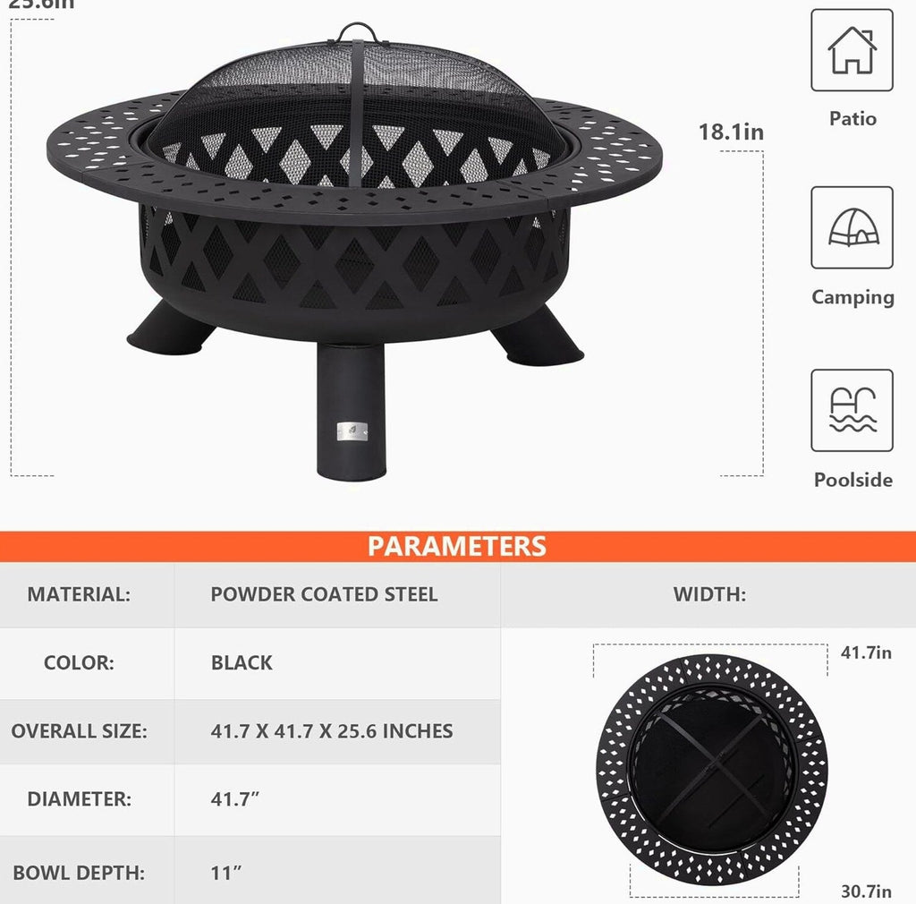 SUNCREAT 42 Inch Star Pattern Wood Burning Patio Fire Pit With Mesh Spark Screen And Poker, Black