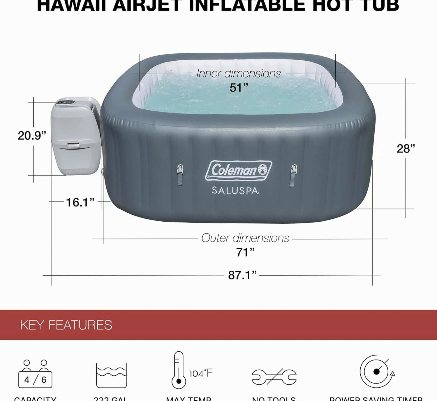 Coleman 4 To 6 Person Square Inflatable Hot Tub With 114 AirJets, Gray - 15442