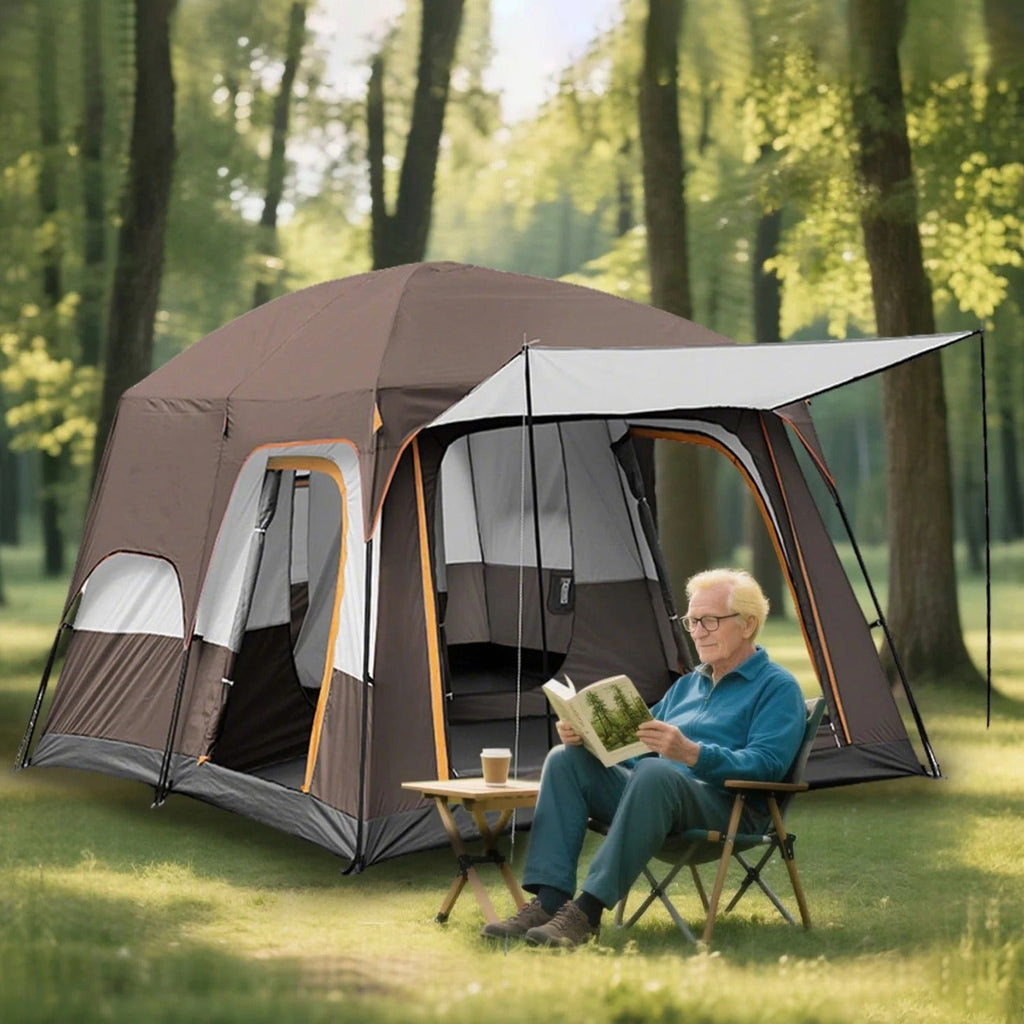 KFeng 12 Person Camping Tent, 2 Rooms, 3 Mesh Doors, 3 Mesh Windows, Brown