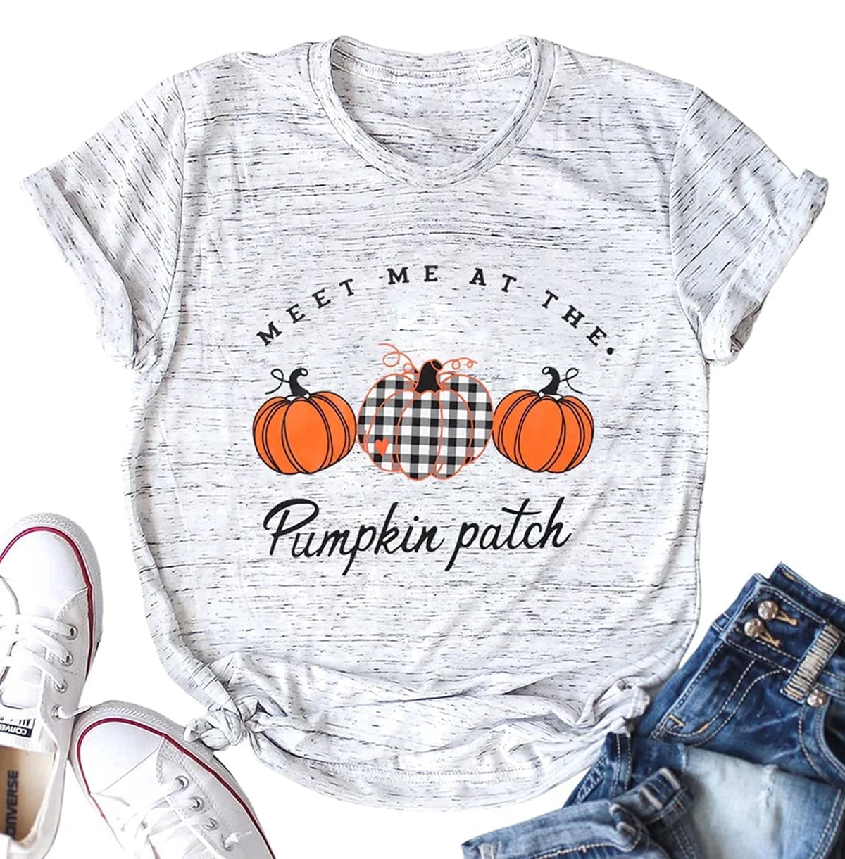 KimSoong Women Halloween Shirt Plaid Pumpkins Graphic Crew Neck Short Sleeve T-Shirts Tops
