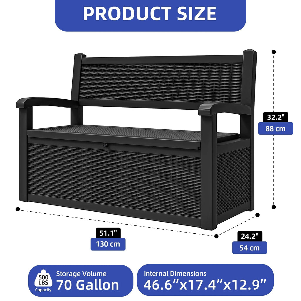 ModFusion 70-Gallon Outdoor Resin Storage Bench With Rattan Backrest, Black - C