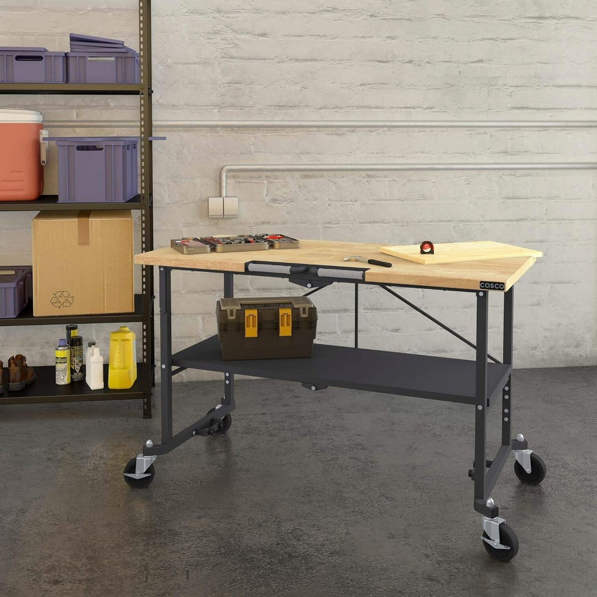 COSCO SmartFold Butcher Block Workbench, 700 lb Capacity, Pine - 66765DKG1E