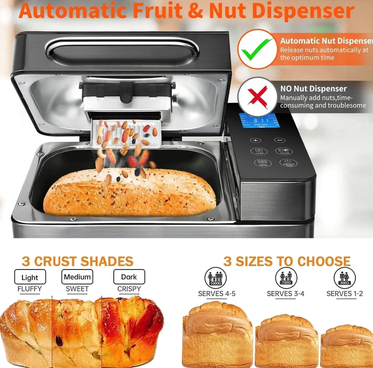 KBS 17-in-1 Stainless Steel Bread Machine, 710W, 2 lb - Dual Heaters