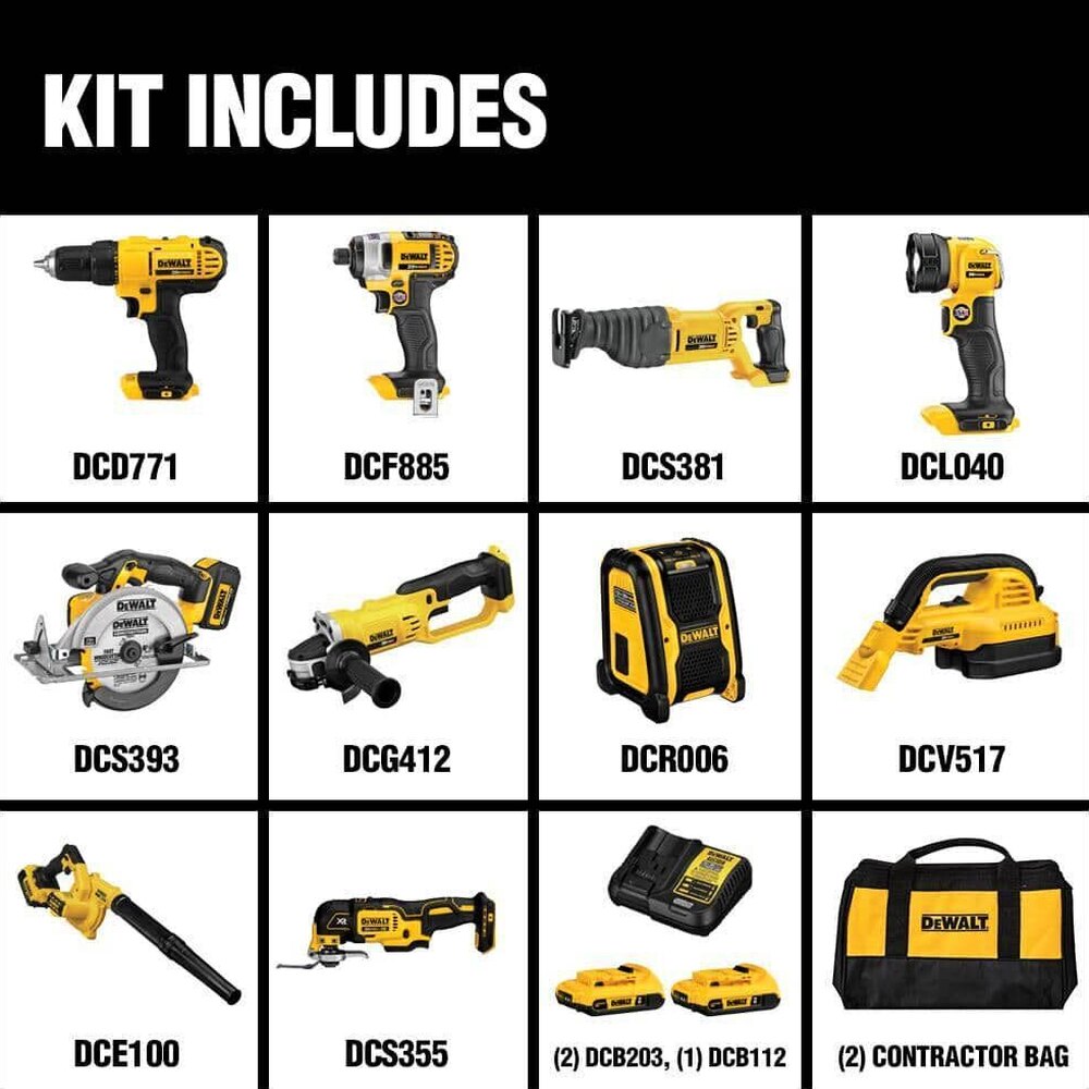 DEWALT 20V MAX 10-Tool Combo Kit With Batteries And Charger - DCD771 DCF885 DCE100 DCL040 DCR006 DCS355B DCG412B DCS393B DCS381B DCV517B