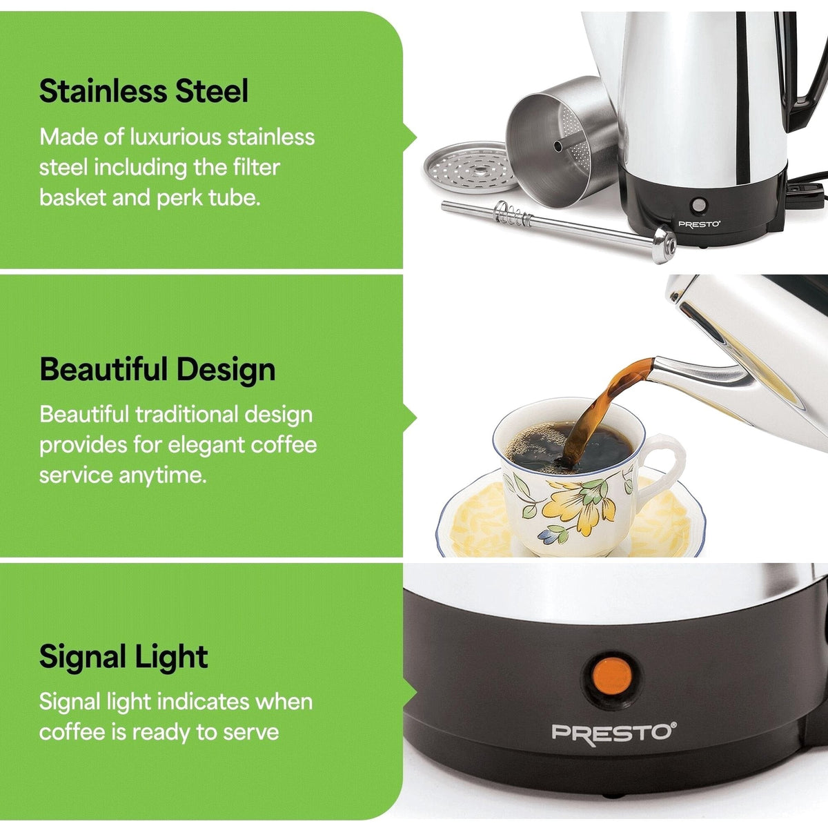 Presto Stainless Steel Percolator Coffee Maker, 12 Cup, Silver
