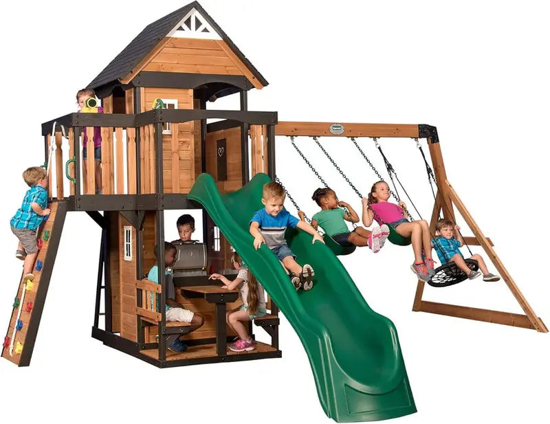 Canyon Creek Cedar Outdoor Playset With Clubhouse, 8-Foot Slide, 2 Belt Swings, Web Disc Swing - 183 x 188 x 119 inches