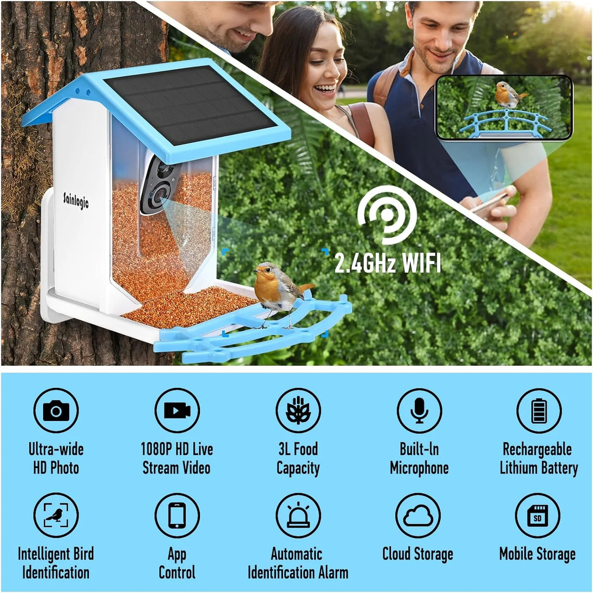sainlogic Smart Bird Feeder With 1080P Camera, 2.5L Capacity, Light Blue - Smart Bird Feeder With Camera-1