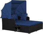 RELAX4LIFE Patio Daybed With Canopy, Cushions, 4 Pillows And 2 Side Trays, Turquoise - B0BYSN7GC7