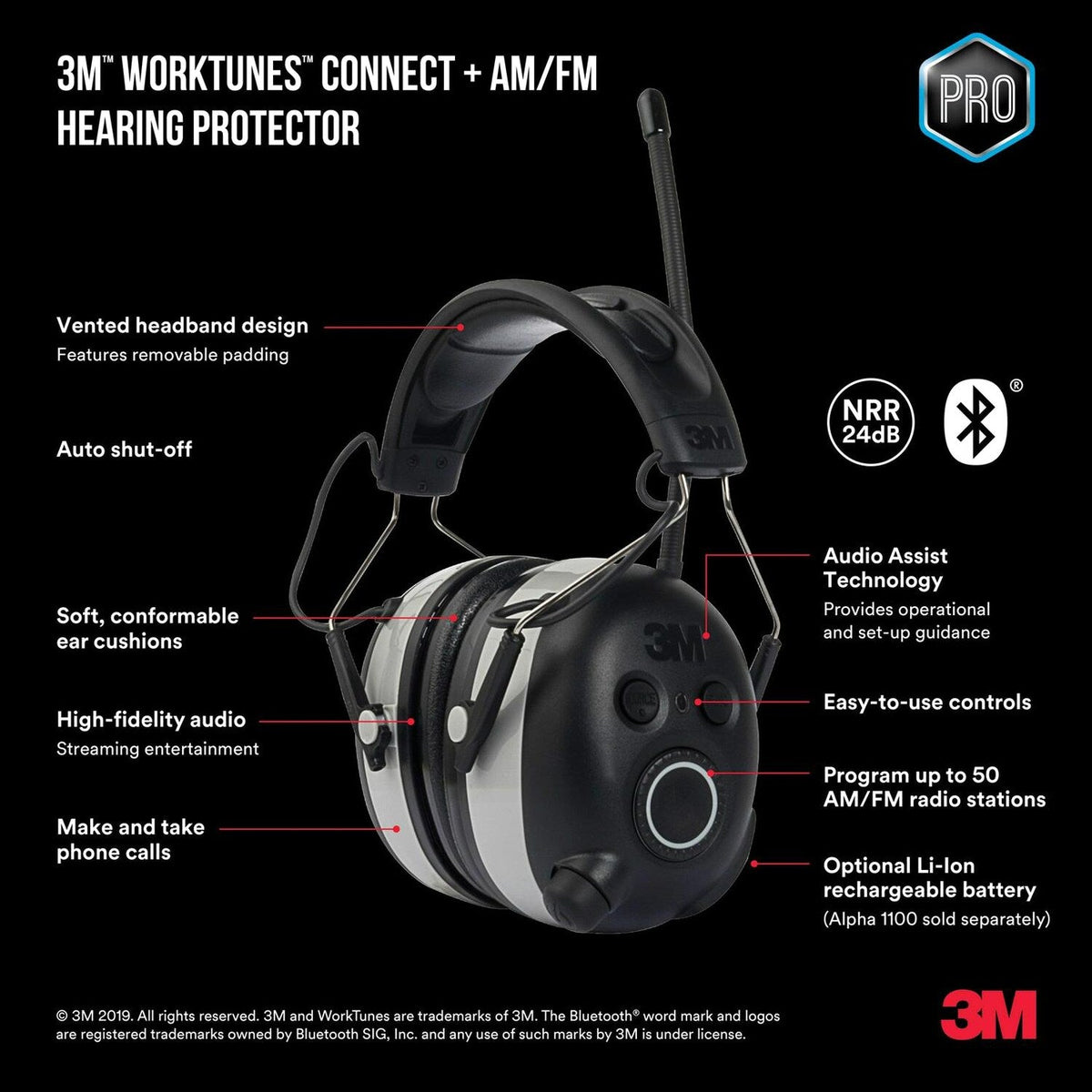 3M WorkTunes Connect AM/FM Hearing Protector With Bluetooth Technology, Black, 1 Pack - 90542H1-DC-PS