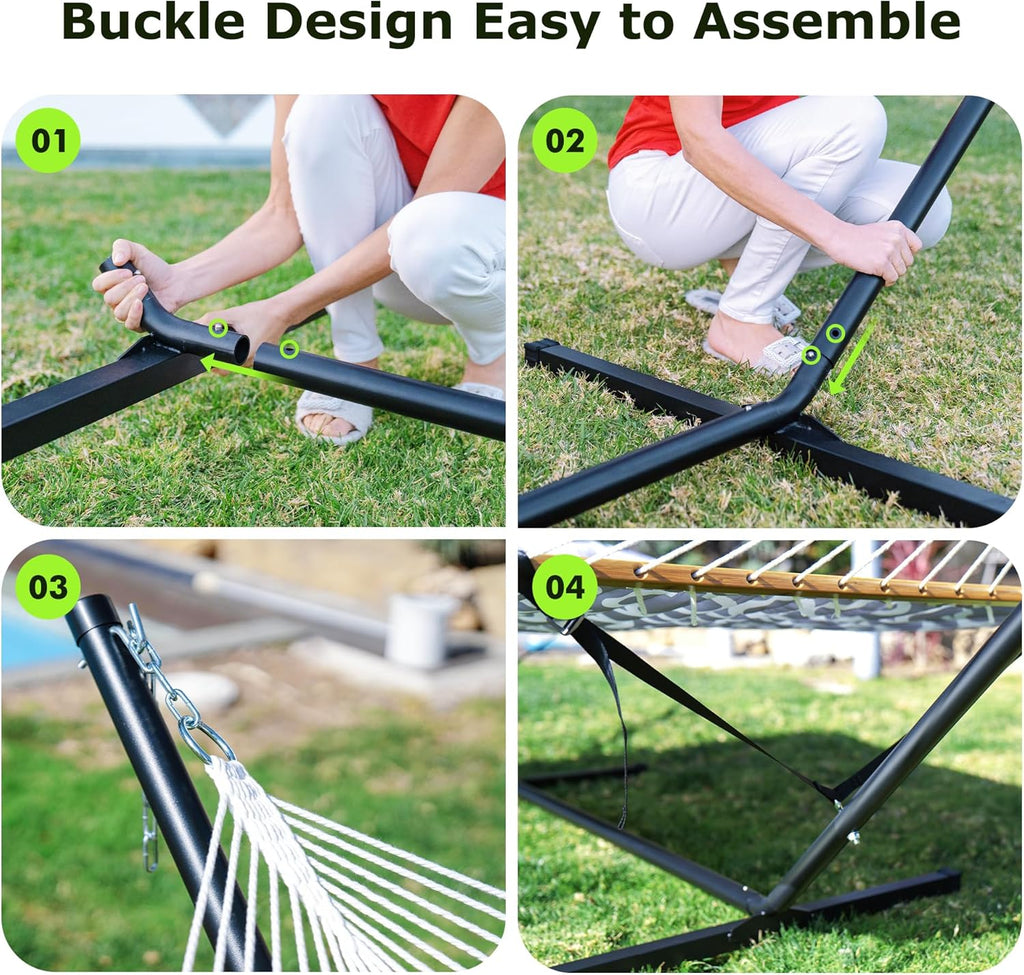Double Outdoor Hammock With Adjustable Steel Stand, 500 LBS Capacity, Carrying Bag, White Grey